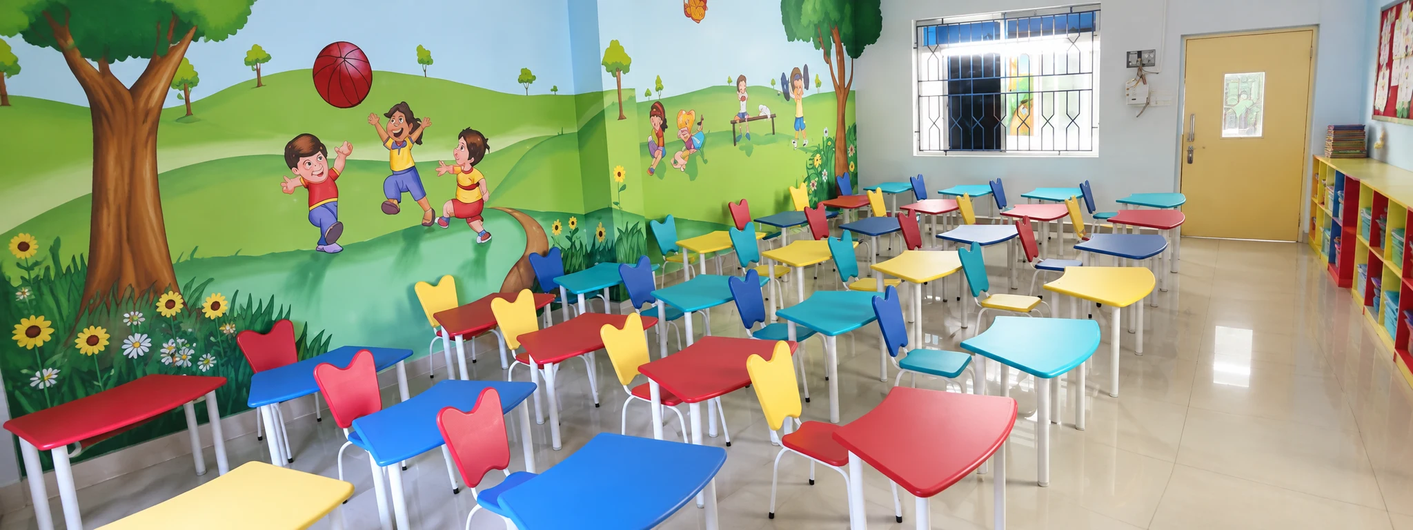 bright cartoon kindergarten classroom
